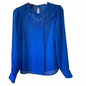 California Spice Vintage Blue Floral Lace Blouse Long Sleeve Sz Med